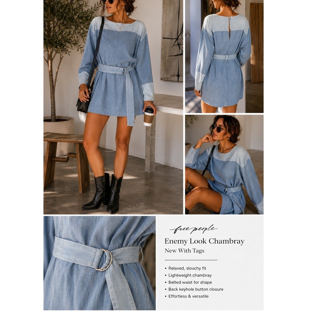 NWT Free People Ora Soft Blue Chambray Look Mini Dress Colorblock Belted Med
